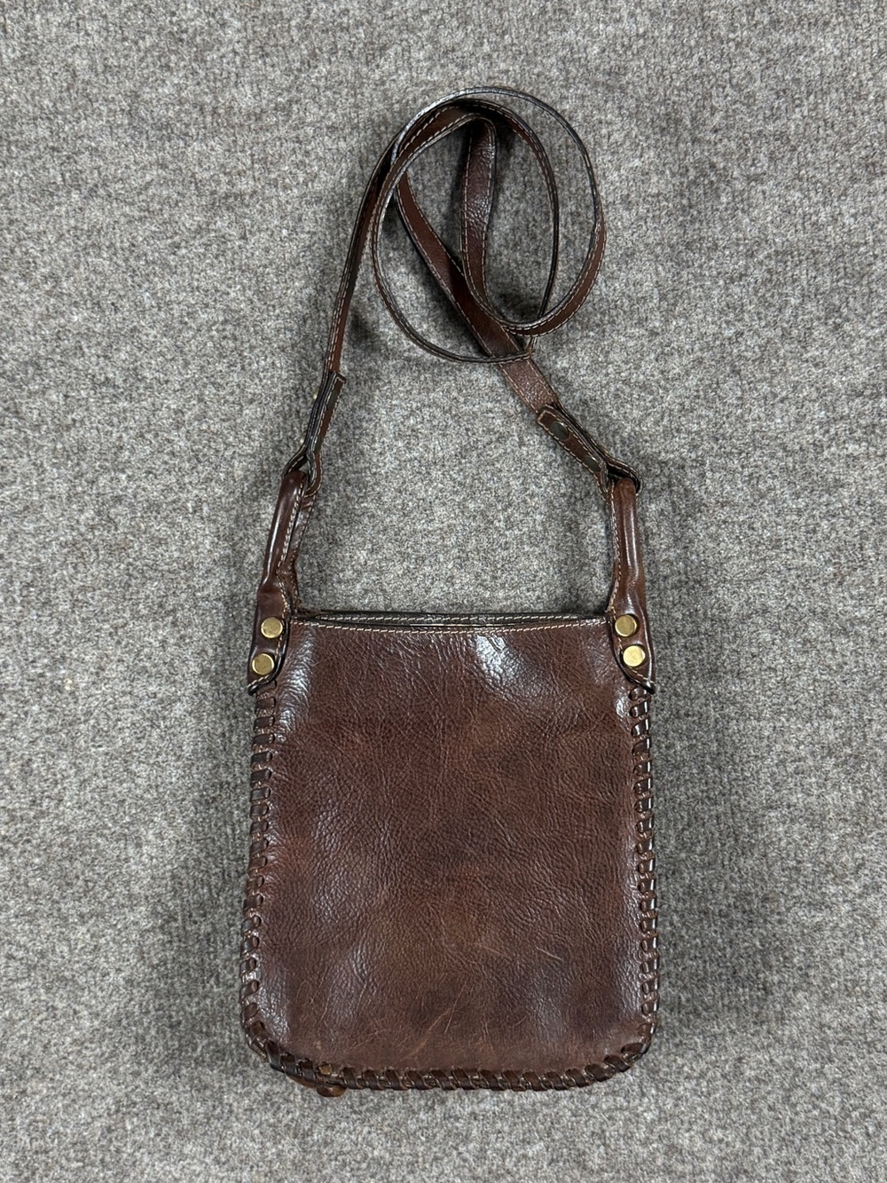 Vintage Suarez Brown Genuine Leather Crossbody Bag Flap Closure Woven Trim Edge